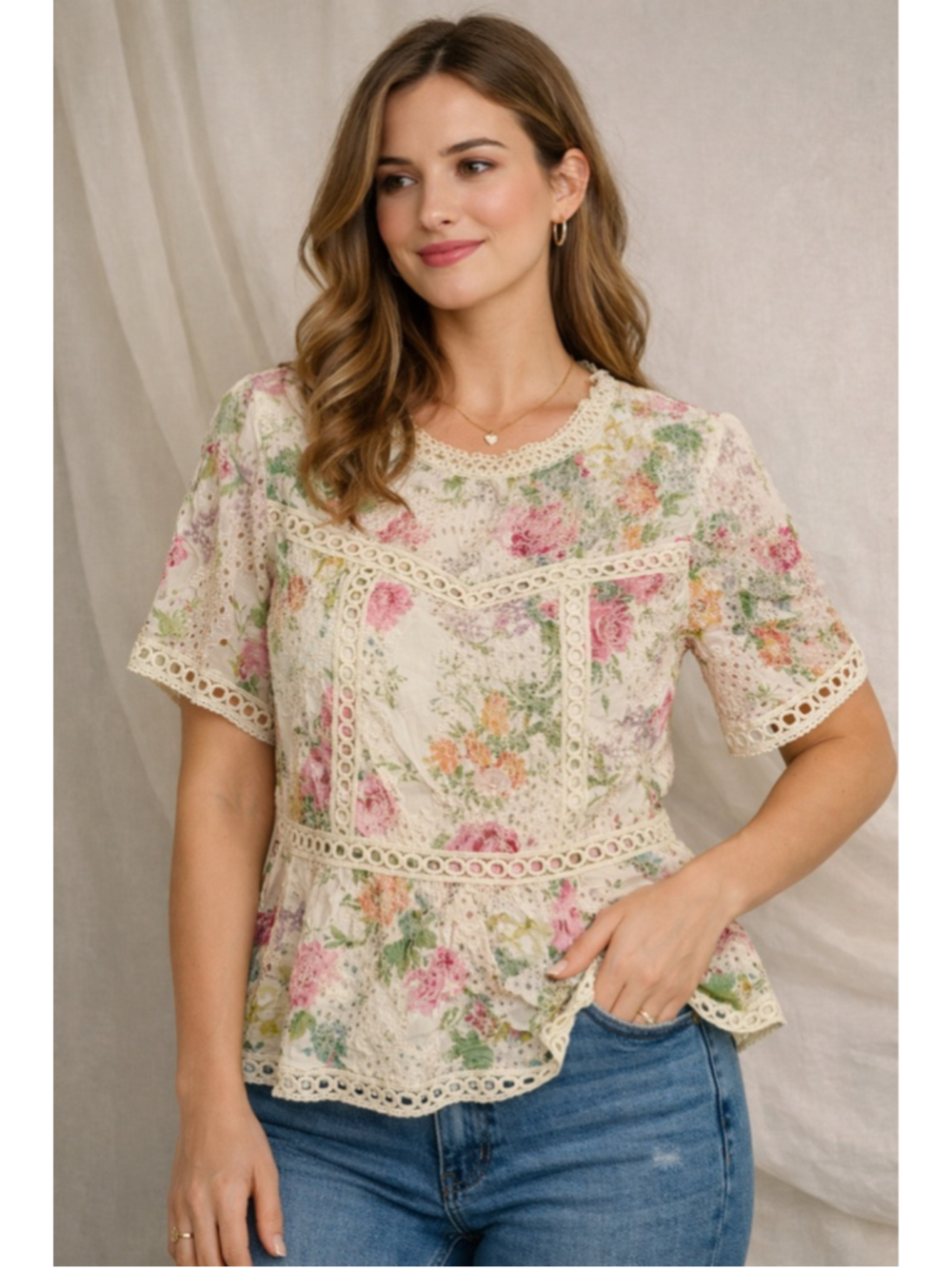 Cato L Blouse Women Cream Floral Cottagecore Lace Peplum Shirt Romantic Fairy